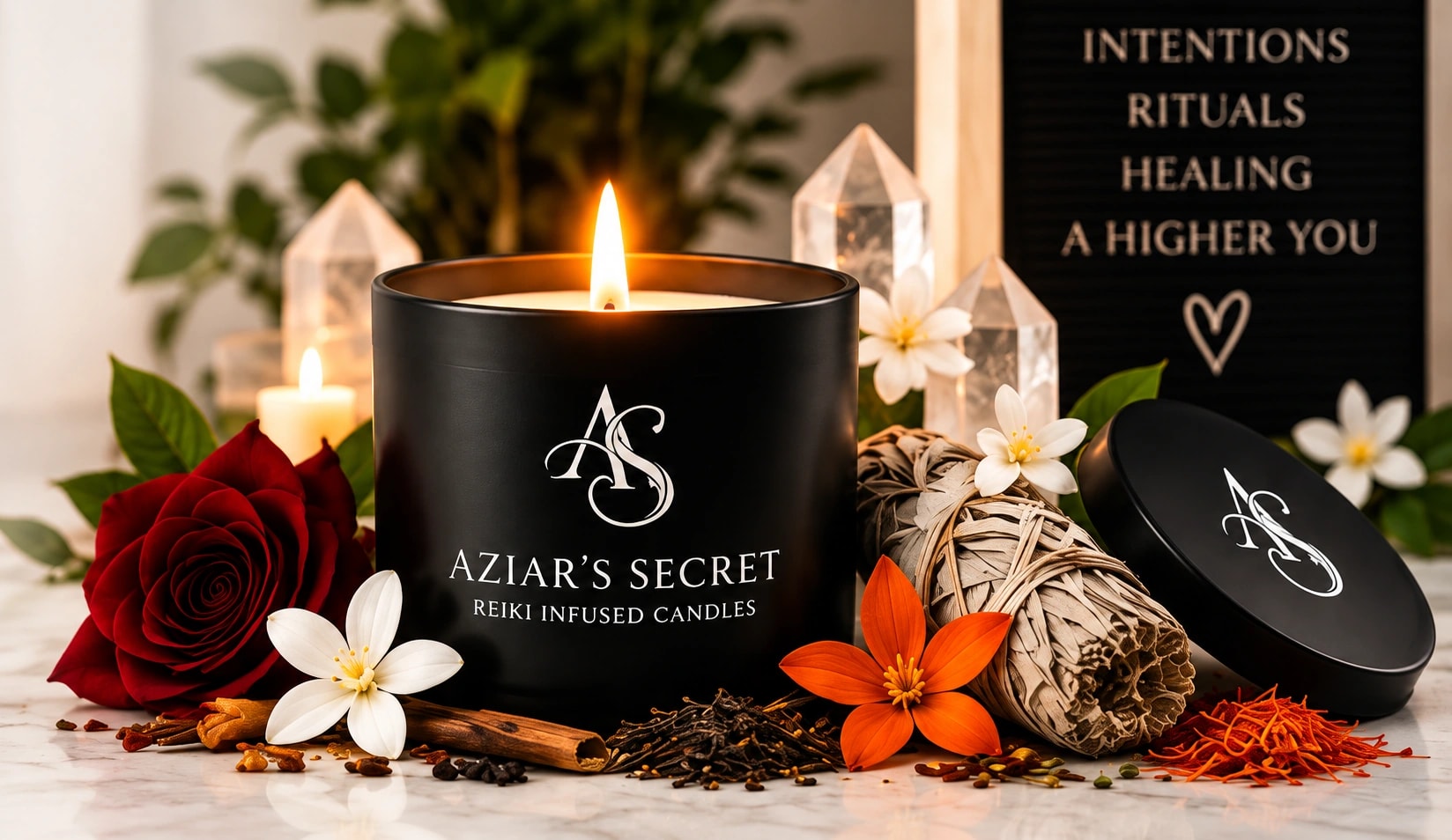Aziar’s Secret candle with rose, jasmine, saffron and crystals