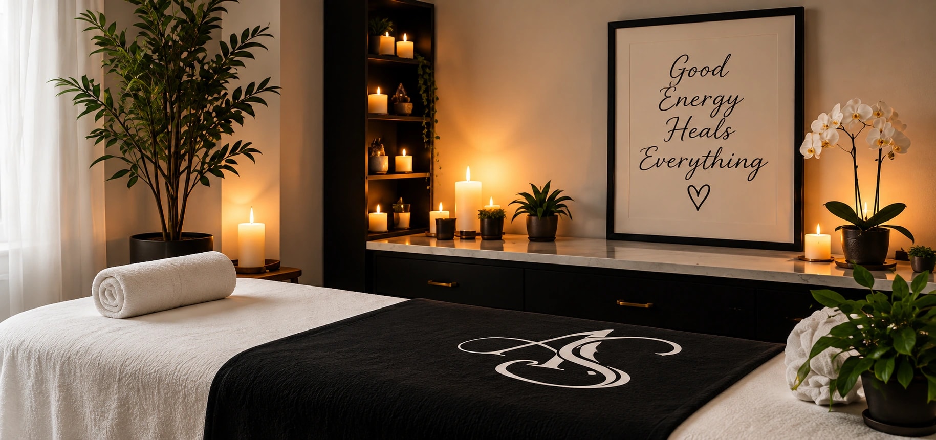 An illustrative candlelit Reiki room with a treatment table, plants and soft linens